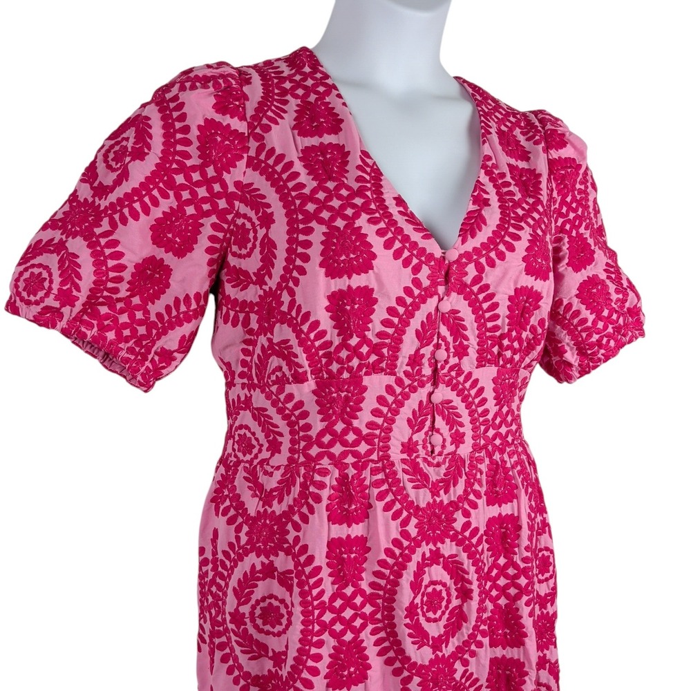 Cottagecore Pink Embroidered V-Neck Midi Dress Puff Sleeve Adelyn Rae Luisa